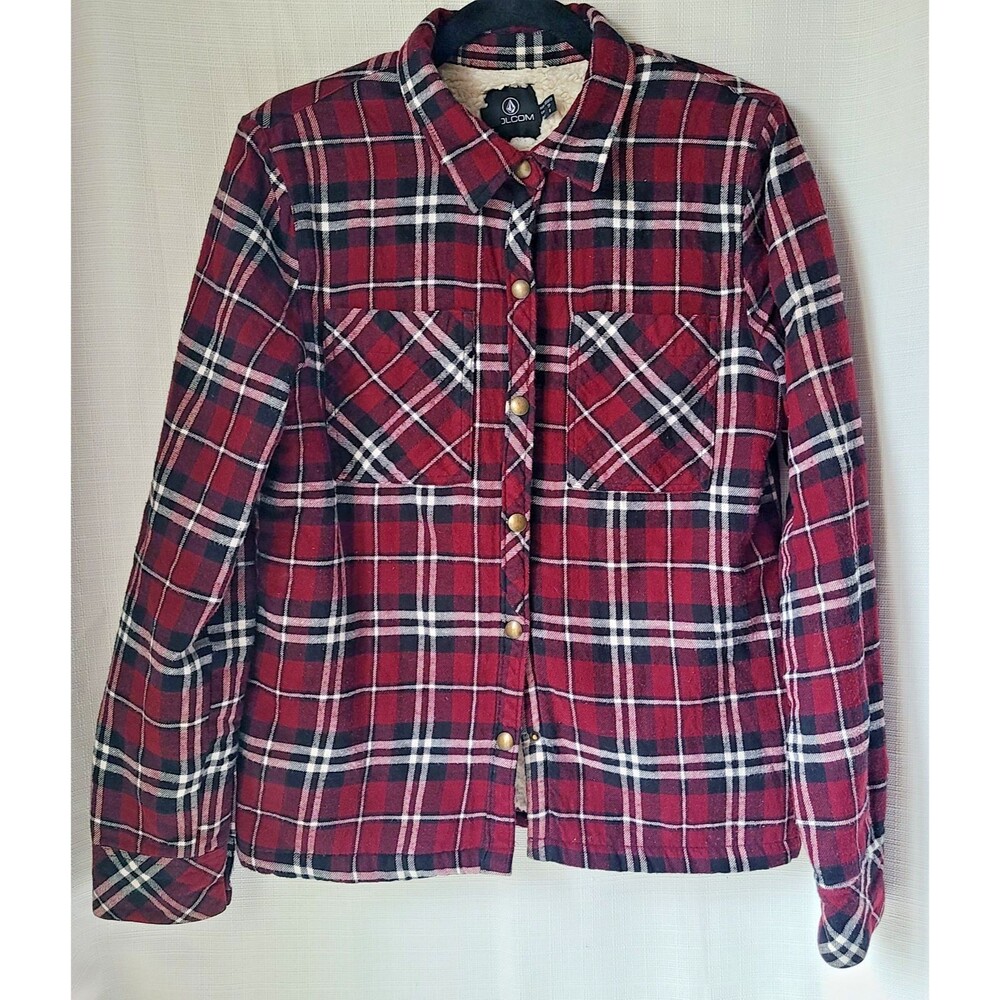 Volcom Sherpa Lined Plaid Jacket Women XS Red Black Flannel Button Front jacket